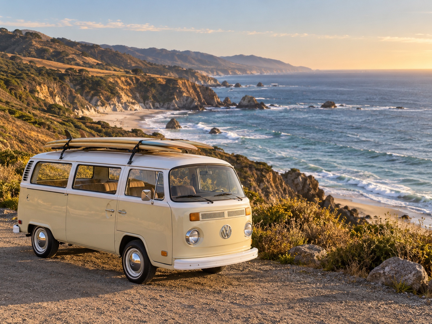 Cream-and-white vintage VW bus overlooking the broad Pacific coastline and coastal bluffs with surfboards secured flat to the roof rack