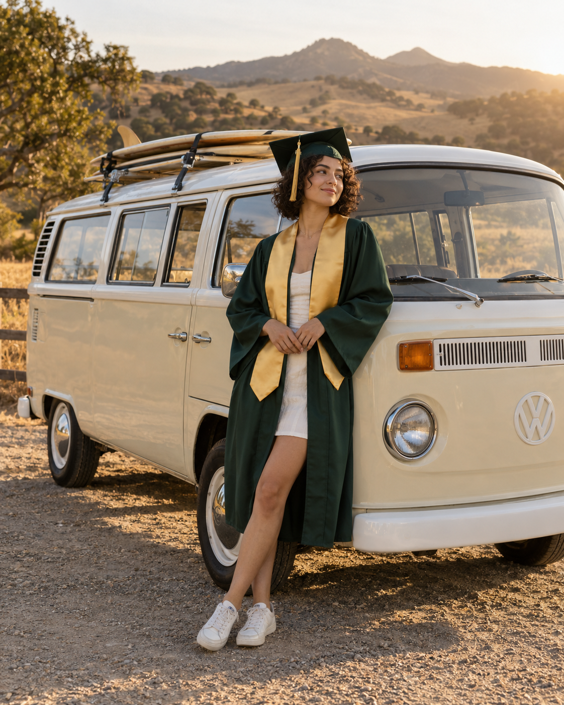Female graduate in a green cap and gown beside the cream-and-white vintage VW bus in the SLO hills
