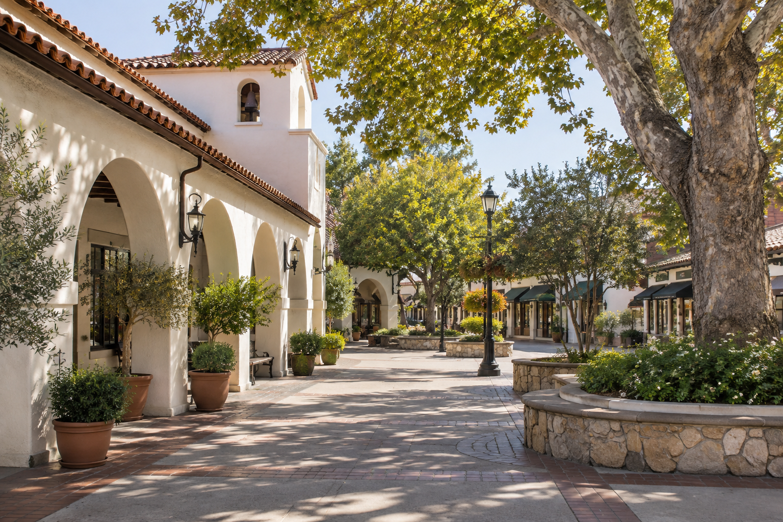 Downtown SLO concept with mission-style architecture and a shaded plaza