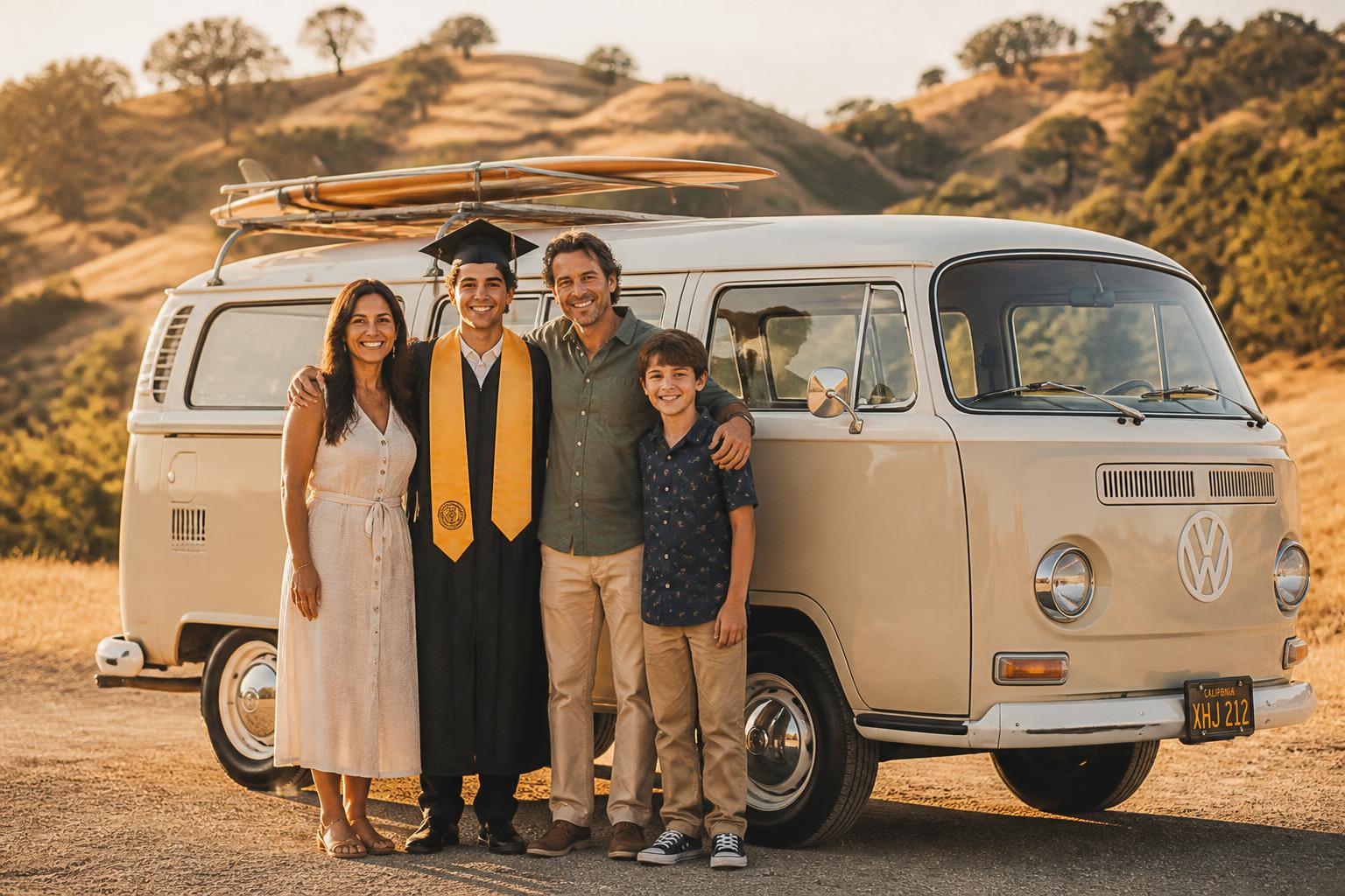 Family with graduate and the vintage VW bus